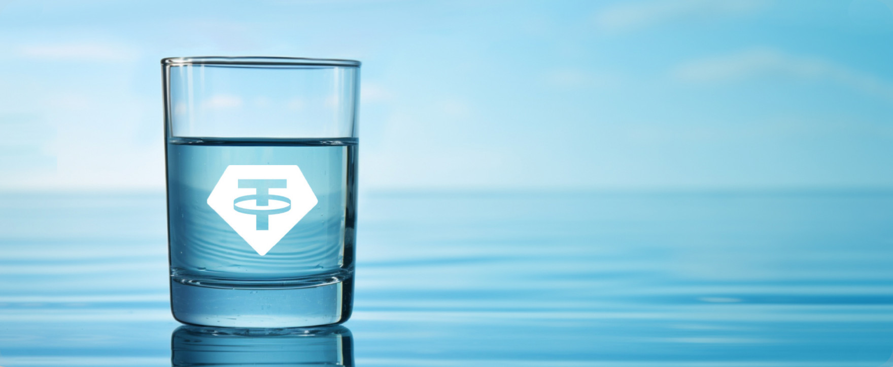 A glass of pure water with a white Tether logo on the front