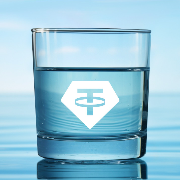 A glass of pure water with a white Tether logo on the front